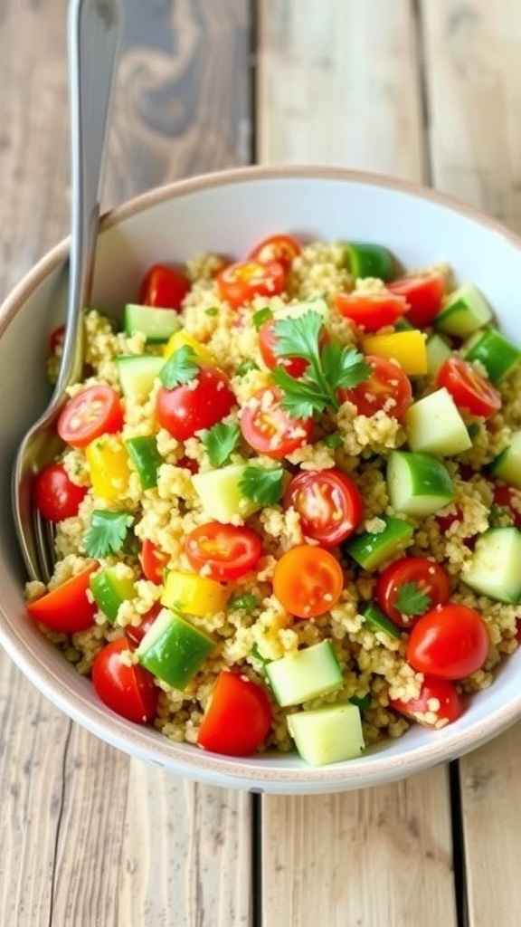 A colorful quinoa salad with bell peppers, cherry tomatoes, cucumbers, and parsley in a bowl on a wooden table.